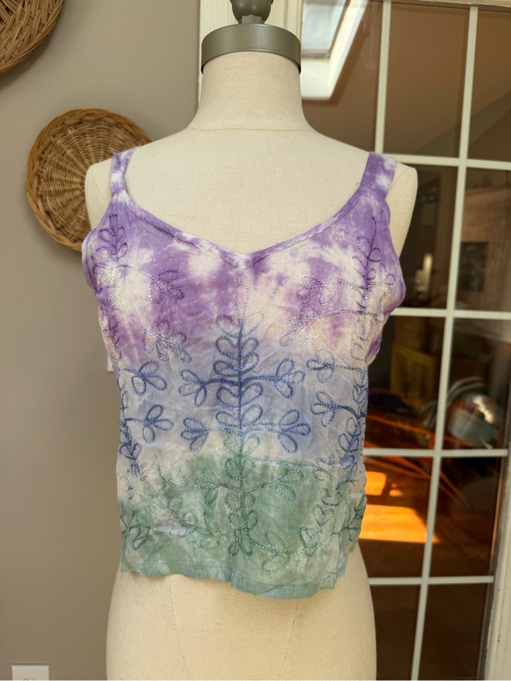 NWT Blue Sky Boho Tie Dye Smocked Cropped Cami Tank Top Sz L